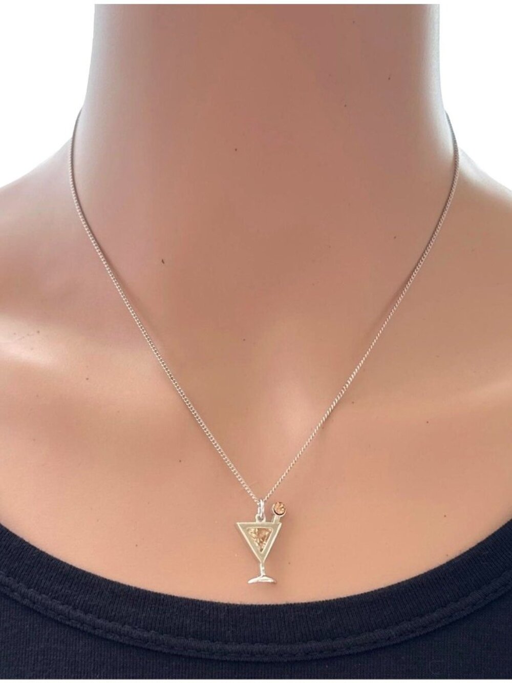 Cocktail Drink Martini Glass Pendant Necklace Silver Tone 16 Inch Necklace
